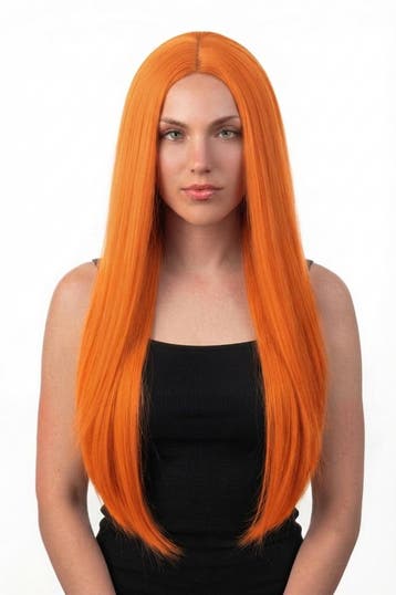 KIMU® Luxe Lange Oranje Pruik Middenscheiding Haarwerk Krull, Ophalen of Verzenden