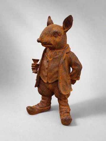 Statue, heavy metal garden statue of a rat with wine glass -