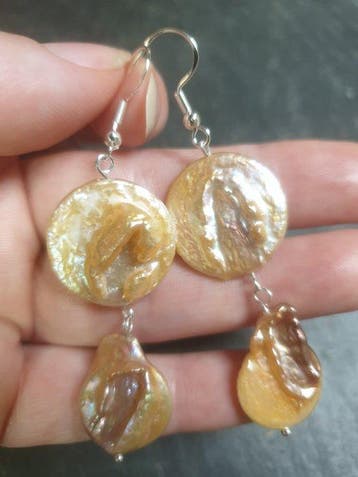Zilver, 925, champagnekleurige natuurlijke grote muntparels,, Verzamelen