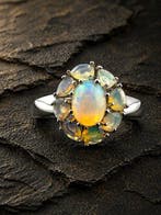 Argent, Bague Floral Opal Statement – Centre ovale avec