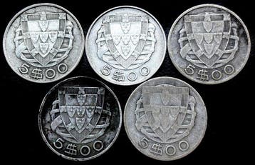 Portugal. Lote de 5 moedas de Prata de 5 Escudos Caravela