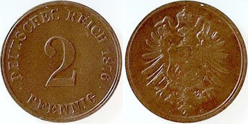 Duitsland 2 Pfennig 1876 G vorzueglich + Brons, Verzenden, België