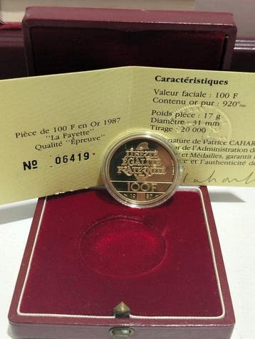 Frankrijk. 100 Francs 1987 La Fayette. Proof Gold, Postzegels en Munten