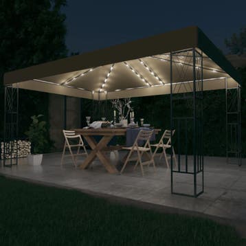 vidaXL Prieel met LED-lichtslinger 3x4 m stof taupe, Verzenden, Nieuw