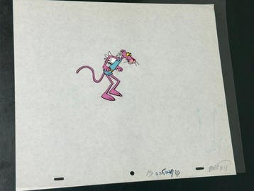 Friz Freleng - Originele animatiecel en tekening van De Roze, Nieuw in verpakking