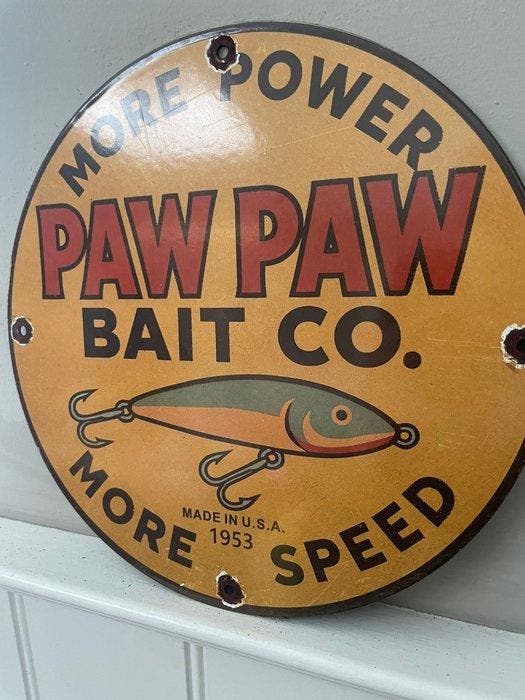 Rond metalen Paw Paw Bait Co. reclamebord – Amerikaanse, Antiquités & Art, Antiquités | Assiettes décoratives & Carrelages