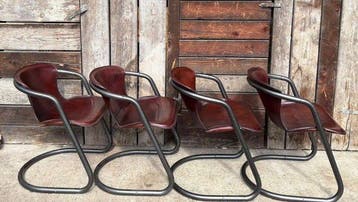 Fauteuil - Leder, Staal - Set van vier vintage stoelen.