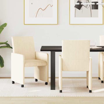 vidaXL Eetkamerstoelen met wielen 2 st Katoenen stof Crème, Maison & Meubles, Chaises, Verzenden