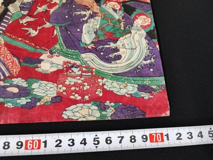 Prachtige 1888 Japanse houtsnede triptychon - Levendig, Antiquités & Art, Antiquités | Autres Antiquités