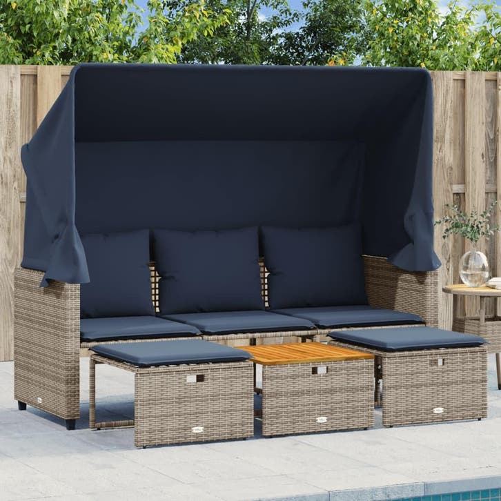 vidaXL Tuinbank 3-zits met luifel en krukken grijs polyrotan, Tuin en Terras, Tuinsets en Loungesets, Nieuw, Verzenden