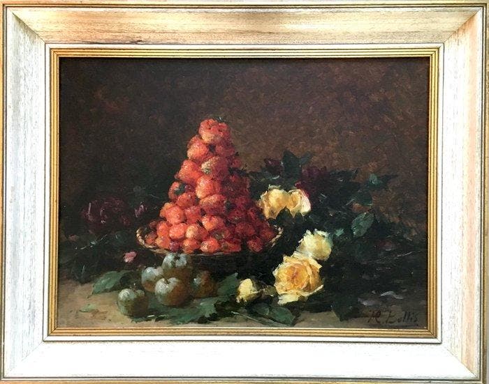 Hubert Bellis -(1864-1933) - Aardbeien en Gele Rozen, Antiquités & Art, Art | Peinture | Classique