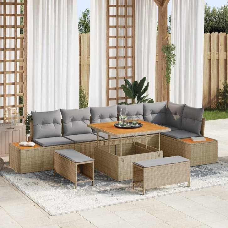 vidaXL Tuinbank Set met kussen 9 pcs Beige en Lichtgrijs, Tuin en Terras, Tuinsets en Loungesets, Nieuw, Verzenden