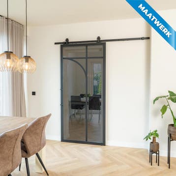 Stalen Schuifdeur Zwart 5 Vlaks rond Maatwerk Rook glas, Doe-het-zelf en Bouw, Nieuw, Metaal, Inclusief glas