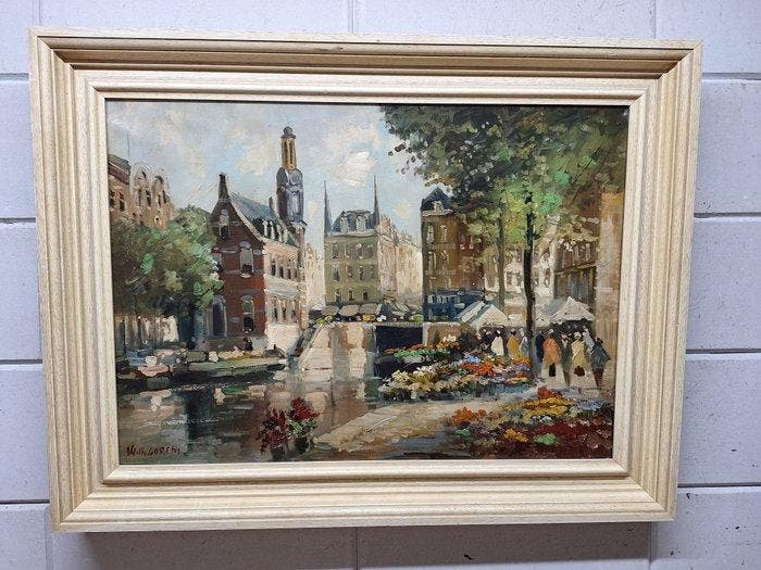 Willy Gorens (XX) - Stadsgezicht met gracht en bloemenmarkt, Antiek en Kunst, Kunst | Schilderijen | Klassiek