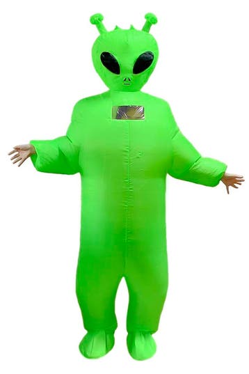 KIMU® Opblaas Kostuum Lange Groene Alien Opblaasbaar Pak Ali, Ophalen of Verzenden