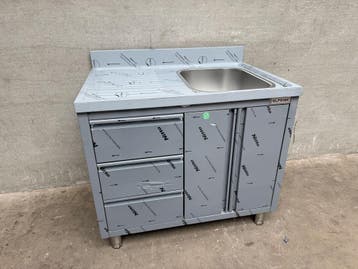 Spoeltafel met draaideuren en 3 laden 1 bak rechts 100cm, Ophalen of Verzenden, Nieuw in verpakking, Inox Meubilair