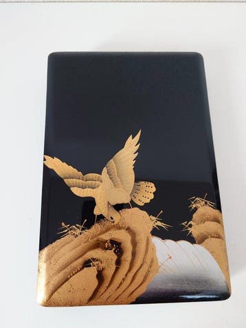 Hand-painted Gold Maki-e Hawk & Waterfall - With Original