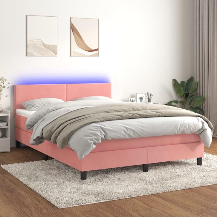 vidaXL Boxspring met matras en LED fluweel roze 140x200 cm, Maison & Meubles, Chambre à coucher | Lits, Envoi