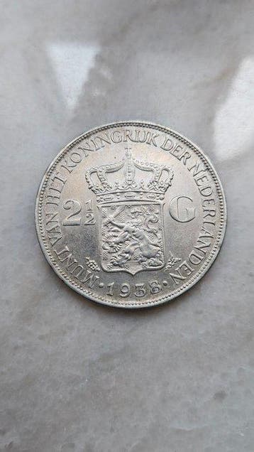 Nederland. Wilhelmina. 2 1/2 Gulden 1938 grof haar (Zonder
