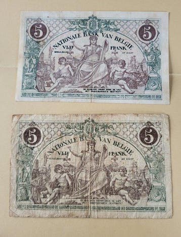 België. - 2 x 5 Francs - 1914/1918 - Pick 75 (Zonder, Postzegels en Munten