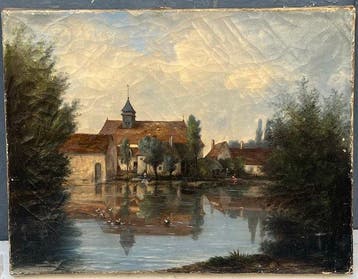 Franse school (XIX) - Lavandieres au Bord d’une Rivière -
