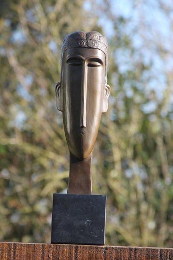 Sculpture, modern woman face - 44 cm - bronze et marbre