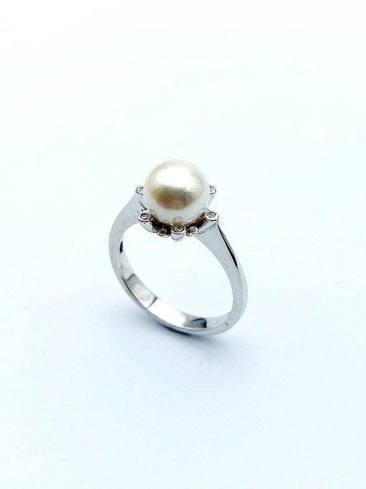 Ring - 18 karaat Witgoud Parel - Diamant, Bijoux, Sacs & Beauté, Bagues