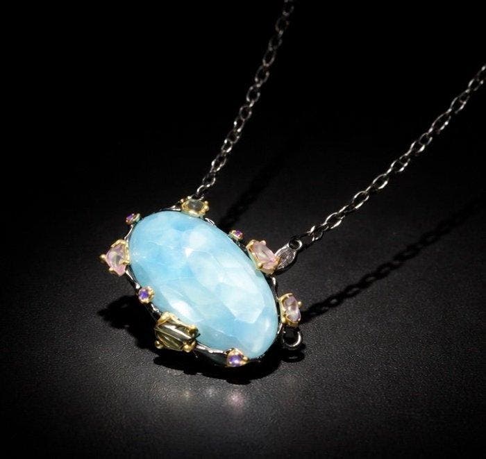 925 zilver - zwart gerhodineerd - 35 ct Larimar - toermalijn, Antiek en Kunst, Curiosa en Brocante