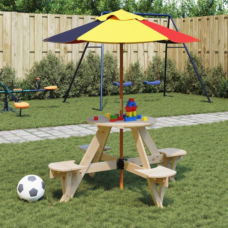 vidaXL Picknicktafel voor 4 kinderen met parasol rond, Tuin en Terras, Tuintafels, Nieuw, Verzenden