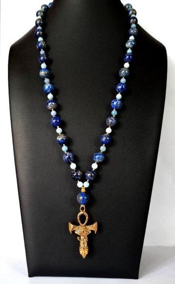 Lapis-lazuli en blauwe calciet - Ankh-kruis (Ankh) en Horus