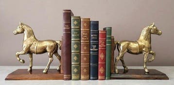Boekensteunen - Messing, Hout - Paarden die oprijzen