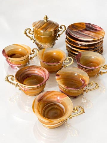 Italian Mid-Century Coffee Set – 13 Pieces – Natural Banded