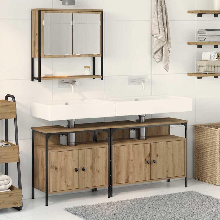 vidaXL Badkamermeubel Set 3 st Bruin 80 x 30 x 60 cm Bewerkt, Maison & Meubles, Salle de bain | Meubles de Salle de bain, Envoi
