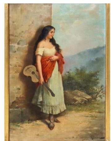 S. Pasini (XIX) - Popolana con chitarra e paesaggio sullo