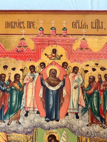 Icoon - Pokrov van de Moeder Gods - Hout - Pokrov-Ikone