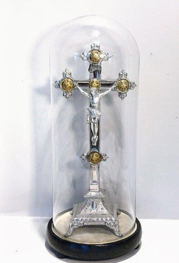Antiek Crucifix - verchroomd & verzilverd gietlood -, Antiek en Kunst
