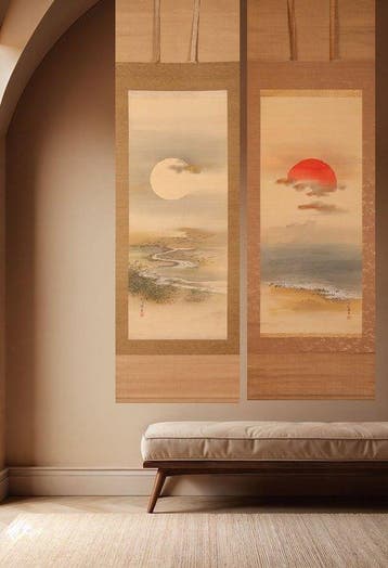 Very fine diptych Sun Over Sea And Moon Over Stream -, Antiek en Kunst