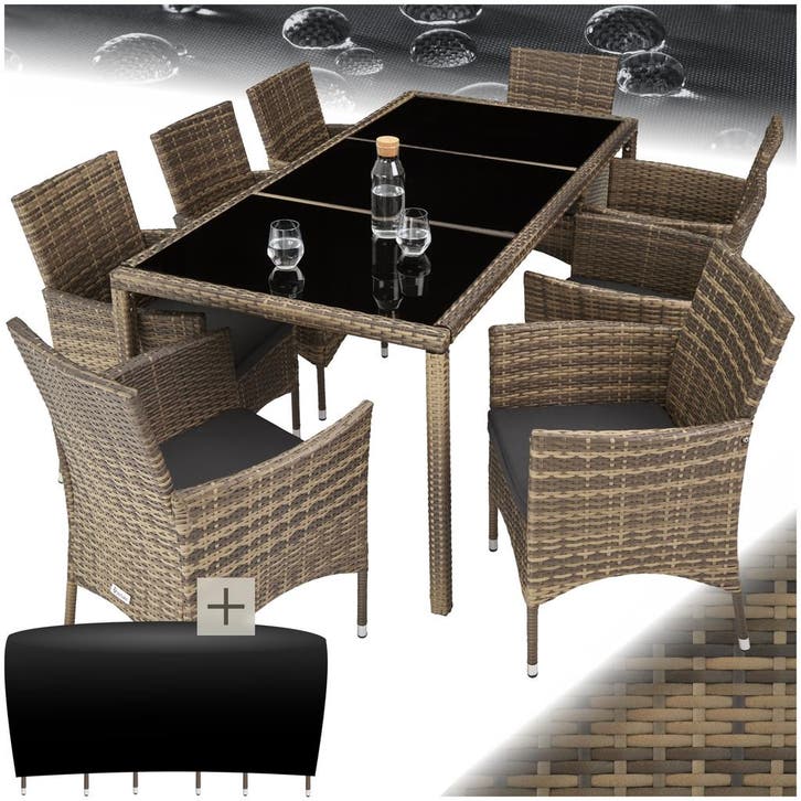 Wicker zitgroep 8+1 met beschermhoes - natuur/donkergrijs, Tuin en Terras, Tuinsets en Loungesets, Verzenden