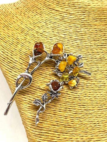 Set van 3 Baltisch amber broches – Drie artistieke, Verzamelen