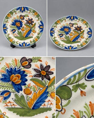 Polychroom aardewerken bordje – kleurrijk bloemendecor, late