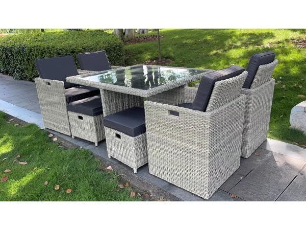 Veiling - Diningset/Tuinset incl. kussens 9-delig, Tuin en Terras, Tuinsets en Loungesets, Nieuw