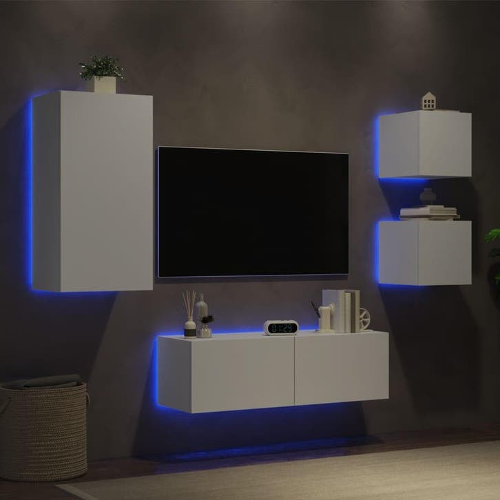 vidaXL 4-delige tv-wandmeubelset met LED-verlichting wit, Maison & Meubles, Armoires | Mobilier de télévision, Envoi
