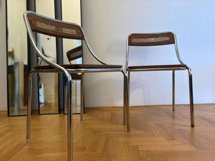 Stoel - Hout, Staal - Set van twee stoelen van chromen, Antiek en Kunst, Kunst | Designobjecten
