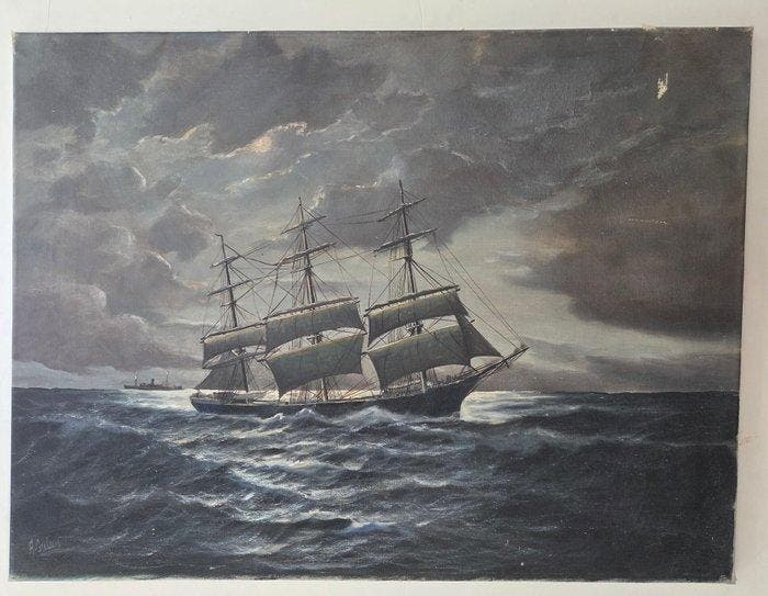 Alfred Gabali (1886-1963) - Clipper op zee in maanlicht, Antiquités & Art, Art | Peinture | Classique