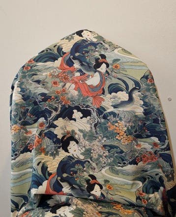 280x280cm! Exclusieve Oosterse stof met Geisha-litografieën-