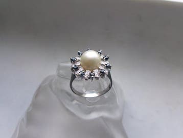 Zilver, Akoya Parel & Topazen - Ring - Art Deco-stijl