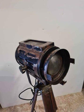Lamp - Staal, Hout - Industrieel vintage theaterspotlight op