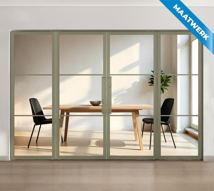 Dubbele stalen taatsdeur met glaspaneel, 3 vlaks, olijfgroen, Bricolage & Construction, Fenêtres & Moustiquaires