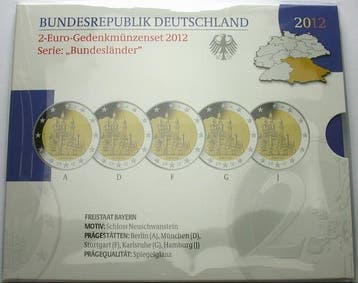 5 x 2 Euro 2012 A,d,f,g,j Duitsland Freistaat Bayern, Verzenden