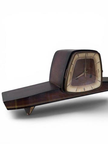 Tafelklok - Mid-century modern - Verguld messing, Walnoot -
